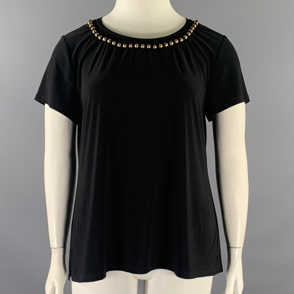 DKNY Size XL Black Polyester Blend Beaded Scoop Neck Casual Top